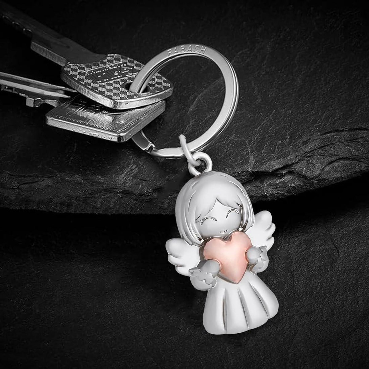 FABACH Beschermengel sleutelhanger Happy met hart - engel geluksbrenger sleutelhanger liefde - geschenk beschermengel geluksbrenger - engel met hart als cadeau-idee voor vriendin, zilver, 1, Modern