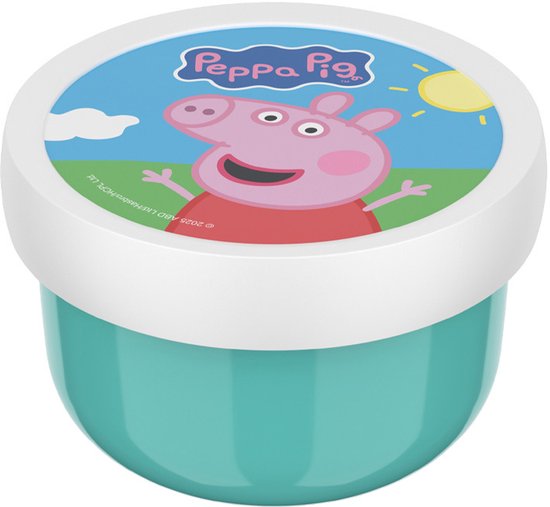 Boîte à goûter turquoise avec motif Peppa Pig. Contient des fruits.