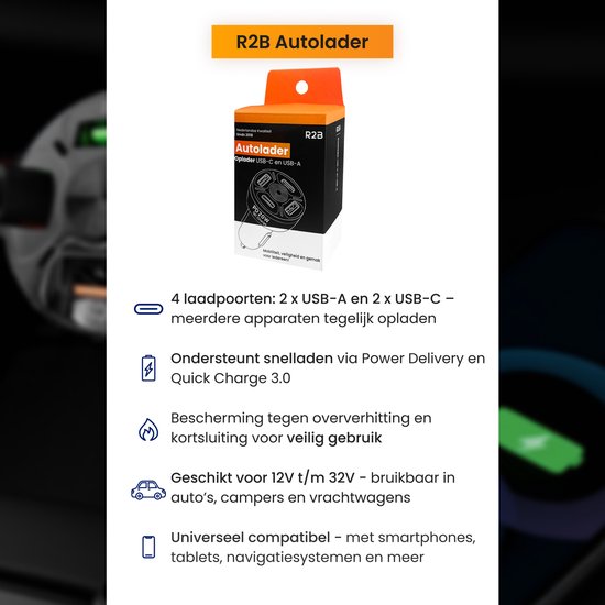 Een autolader van R2B met 4 poorten die PD 20W en QC 3.0 ondersteunt. Geschikt voor 12V t/m 32V.