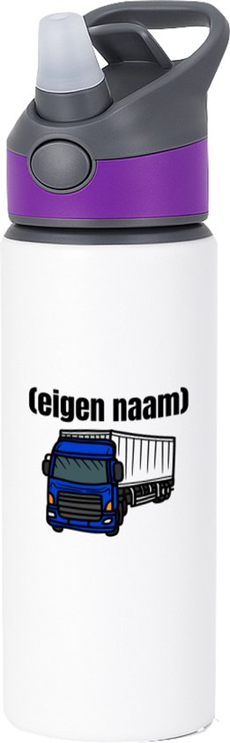 Hacebo® - blauwe vrachtwagen met eigen naam waterfles met rietje paars - Vrachtwagen chauffeur - vrachtauto chauffeurs - iemand die houdt van vrachtwagens - verjaardag - cadeau - kado - geschenk - water fles - 650ML