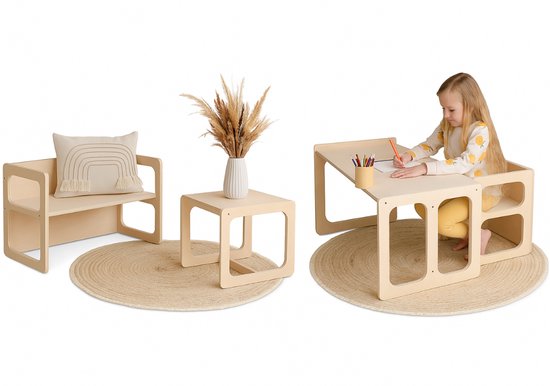 Zonovi Montessori Kindermeubel Set - 2 in 1 - Kindertafel - Kinderbureau - Peutertafel - Speeltafel met Kinderstoel - Activiteitentafel - Tekentafel - Kinderbankje - Tafeltje met Stoeltje - Omkeerbaar - Kinderkamer - Molecuul
