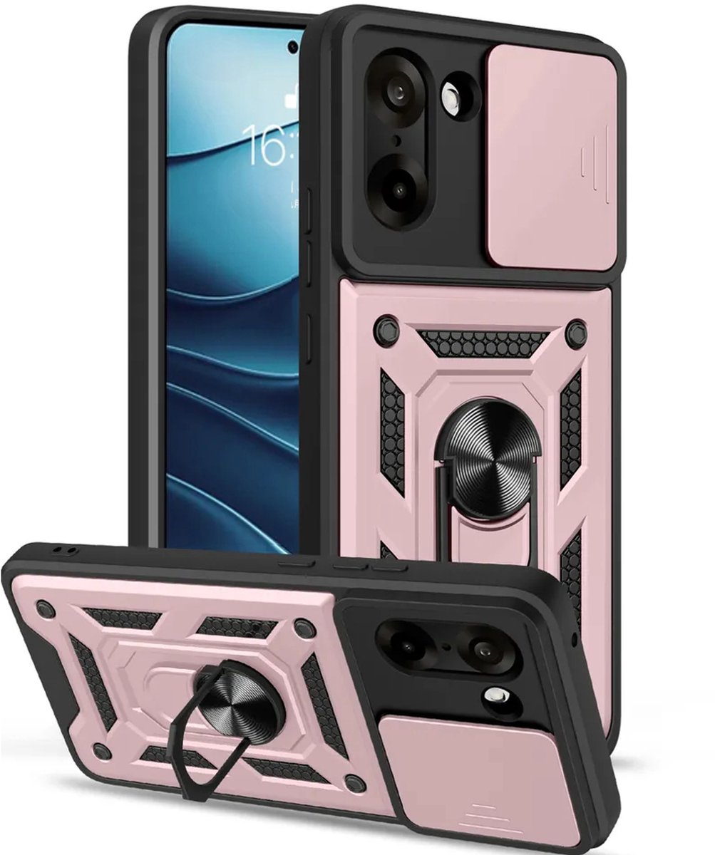 MobyDefend Hoesje - Geschikt voor OnePlus Nord CE 5 - Pantsercase Met Draaibare Ring - Rosé