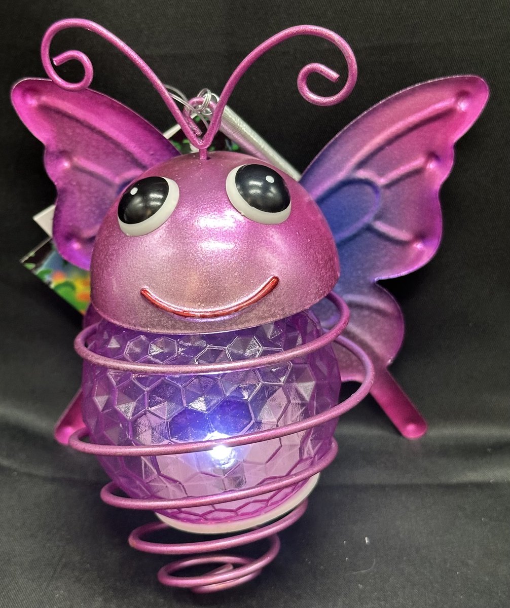 Metaal hangende solarlamp "Paarse vlinder rond" - meerkleurig - met 1 LED - Hangend en Staand model - hoogte 12 x 16 x 11 cm - Tuindecoratie - Tuinverlichting