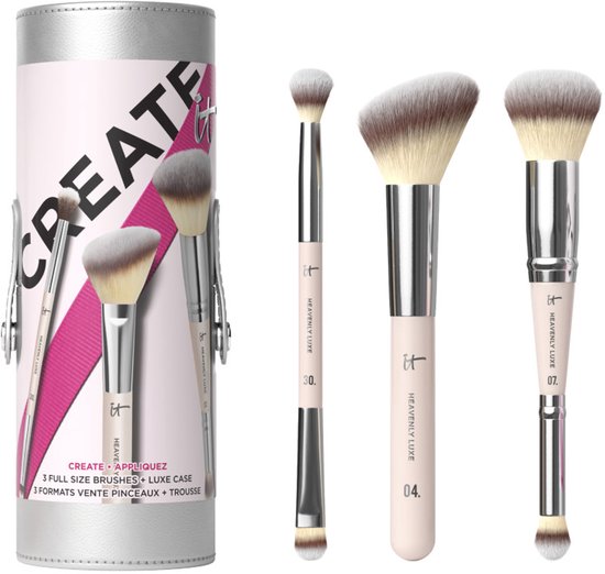 IT Cosmetics Celebrate Creative Looks 3-delige kwastenset - Make-upkwasten en reiskoffer - Voor het aanbrengen van oogschaduw, foundation en blush