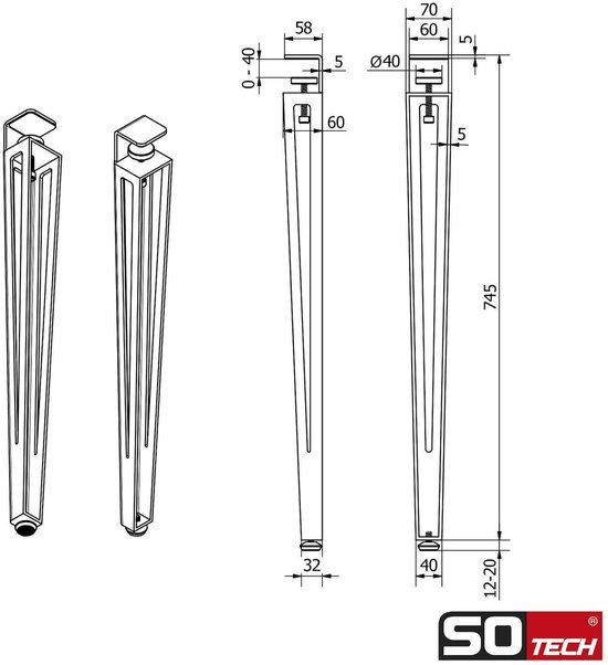 SOTECH Set de 4 pieds de table en F, hauteur 745 mm, bleu conique réglable 70-40 mm avec vis de serrage (sans perçage) pour table de cuisine, table à manger, table de bureau