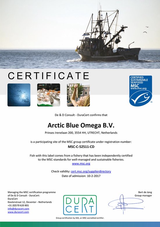 Certificaat van De & D Consult DuraCert voor Arctic Blue Omega B.V.