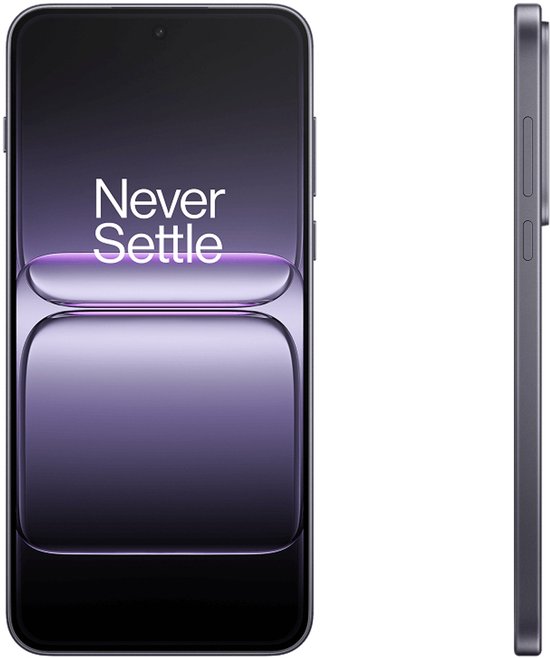 Voorkant en zijkant van een donkergrijze OnePlus smartphone met 'Never Settle' op het scherm.