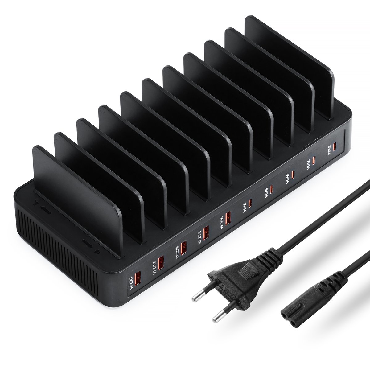 YONO Oplaadstation 10 Poorten - 100W USB A en C Snellader voor Telefoon en Tablet - Multi Oplader Bureau - Zwart