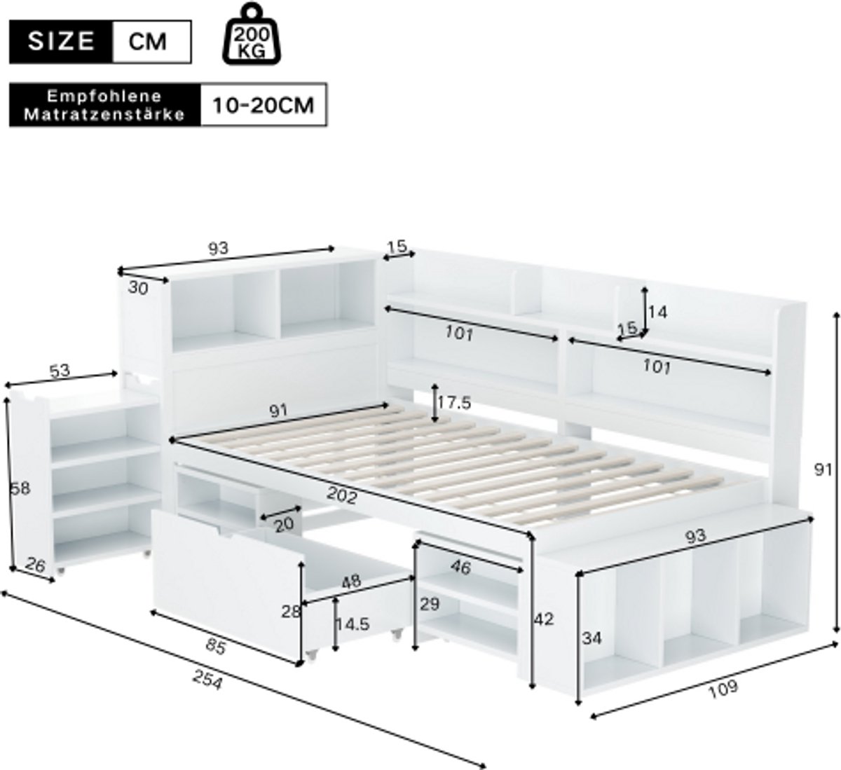 Merax Kinderbed - 90x200 cm - Eenpersoonsbed - Multifunctioneel kinderbedje met lades - Boekenkast en kluisje - Zonder matras - Wit