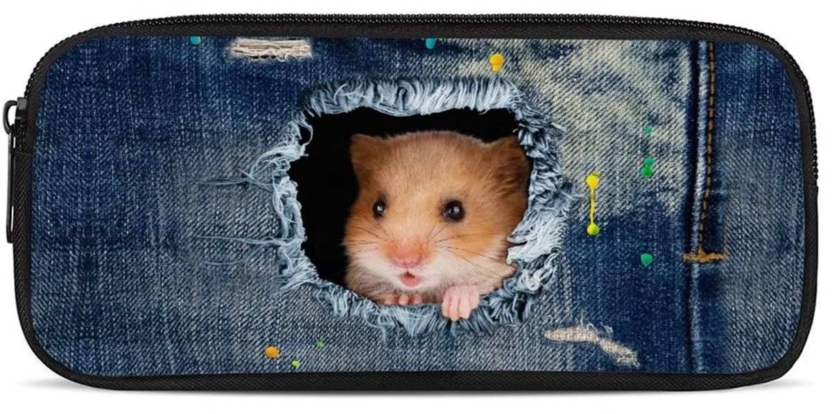 Pennenetui - Ruime Capaciteit - Voor School, Kantoor & Studenten - Denim Hamster