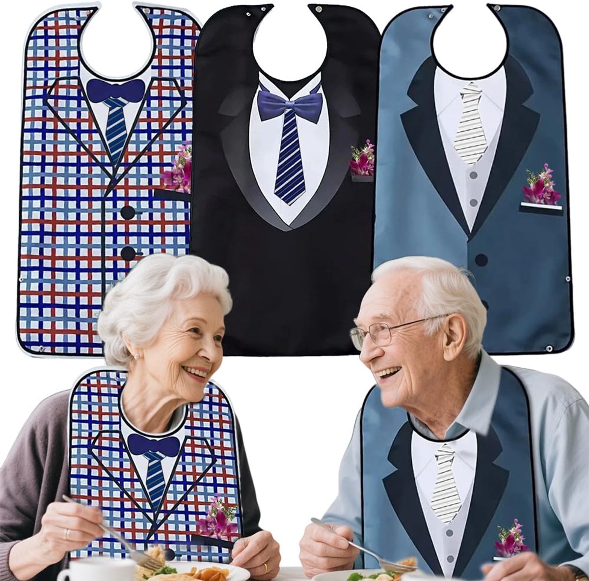 Image of 3-pack slabbetjes voor volwassenen, waterdichte slabbetjes voor volwassenen met drukknopen en vuilflap, waterdichte slabbetjes om te eten, voor mannen, vrouwen, ouderen en gehandicapten