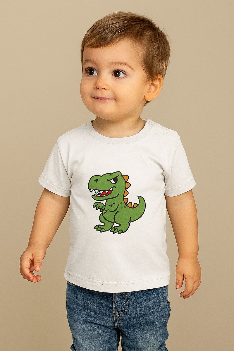 Baby T-Shirt “Dino” – Wit – Unisex Shirtje met Stoere Opdruk – 0-6 Maanden – Perfect Cadeau