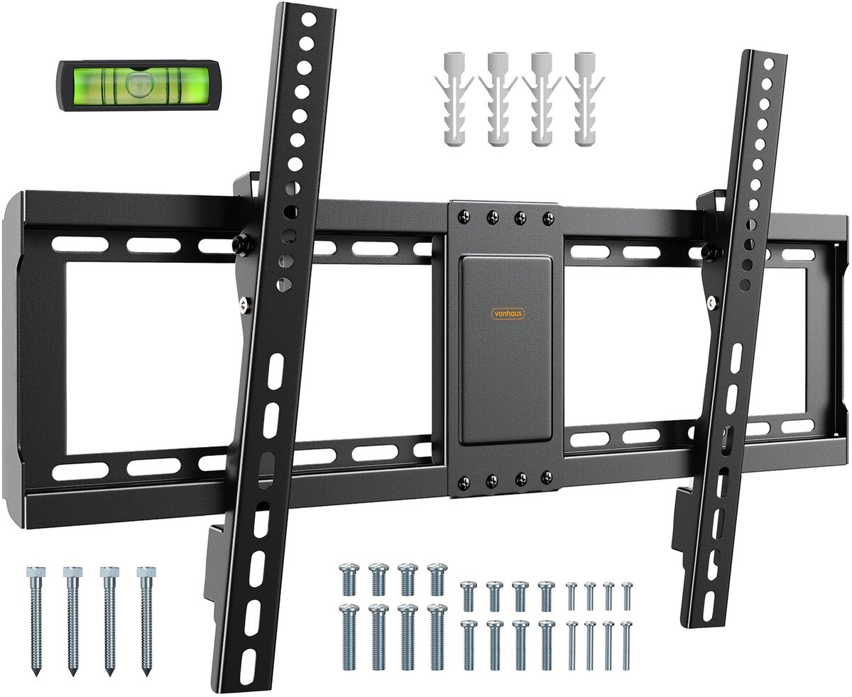 VonHaus TV-muurbeugel voor 37-82" beeldschermen, Verplaatsbare TV-muurbeugel met waterpas, vlak tegen de muur, kantelfunctie, draagvermogen 75 kg, TV-beugel met max. VESA: 600 x 400 mm