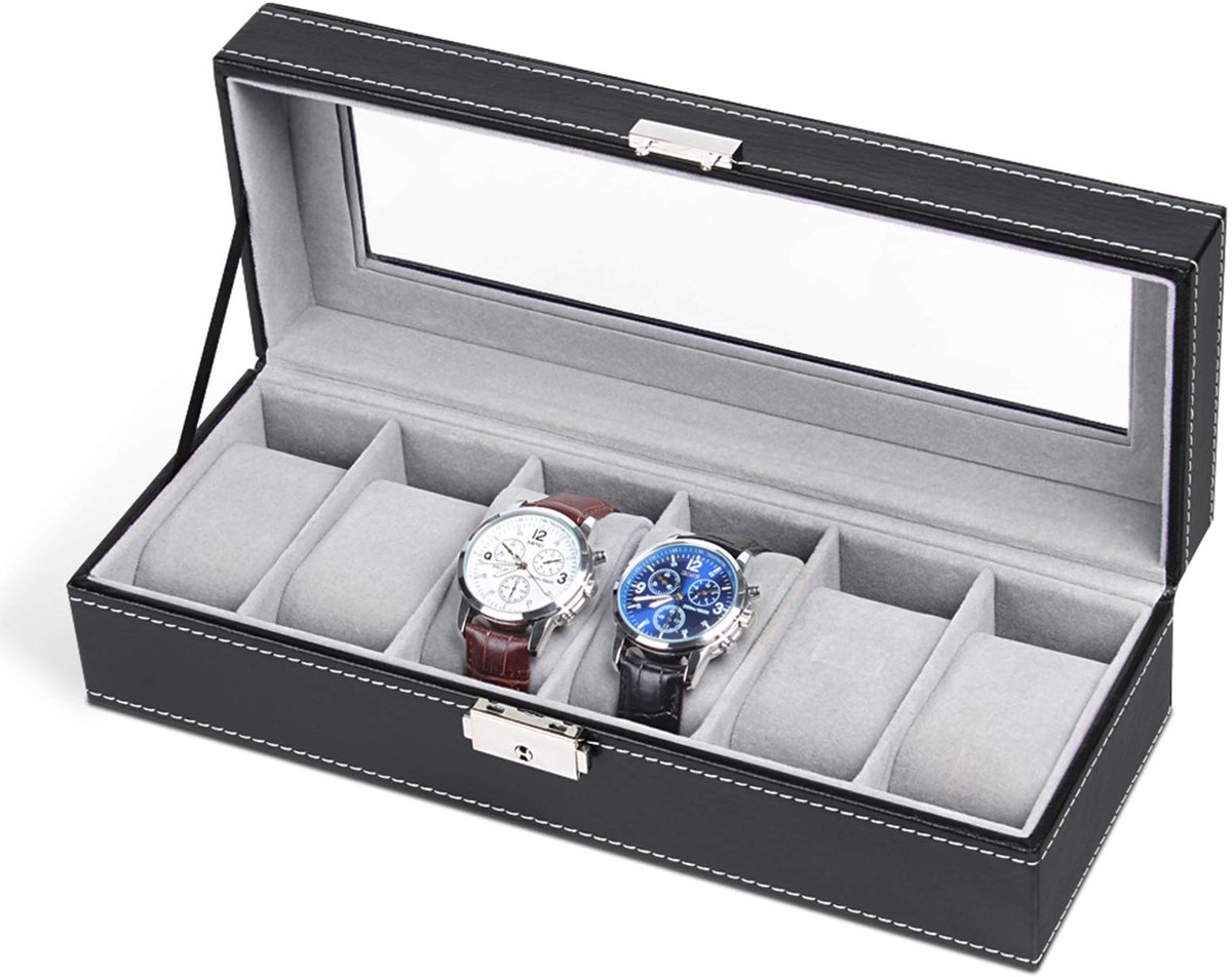NEX FBA_B01GRO1P60 Horlogebox, Kunstleer, Zwart, 6 Slots