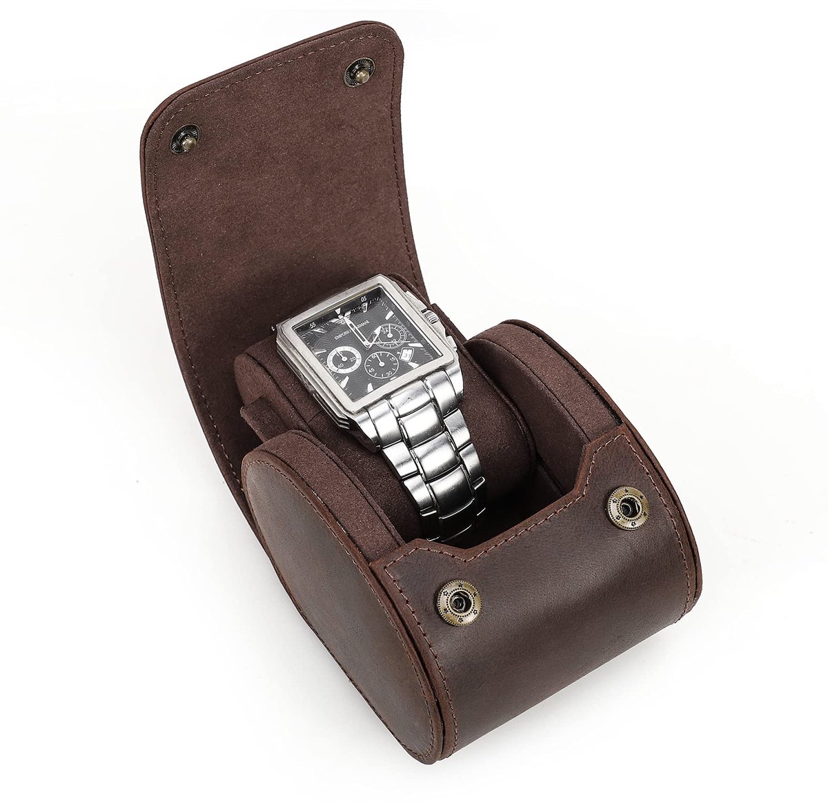 CONTACTEN Horlogekistje van echt leer, reissieraden opbergdoos voor horloges en cilindrische beschermhoes voor horloges, zacht etui (koffie, voor 1 horloge)