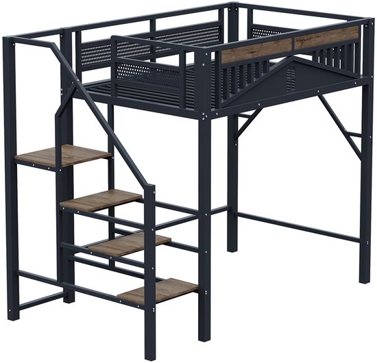 Lit mezzanine en métal Pugsdrly 140 x 200 cm Boîtier unique avec design de fenêtre Avec échelle de sécurité Beaucoup d'espace de rangement sous le lit Zwart
