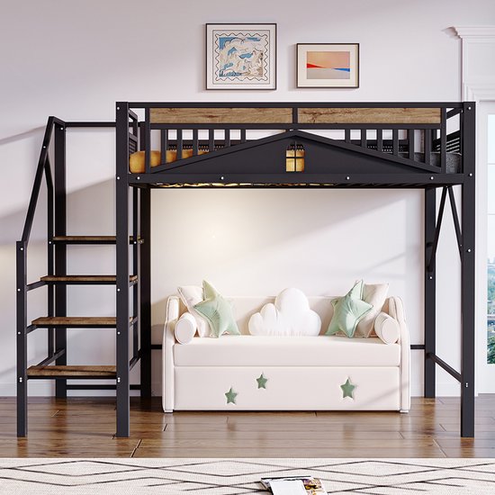 Lit mezzanine en métal Pugsdrly 140 x 200 cm Boîtier unique avec design de fenêtre Avec échelle de sécurité Beaucoup d'espace de rangement sous le lit Zwart