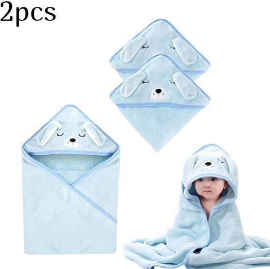 2-delige badhanddoek met capuchon, badcape voor jongens, meisjes, baby's en peuters 80x80cm (blauw)
