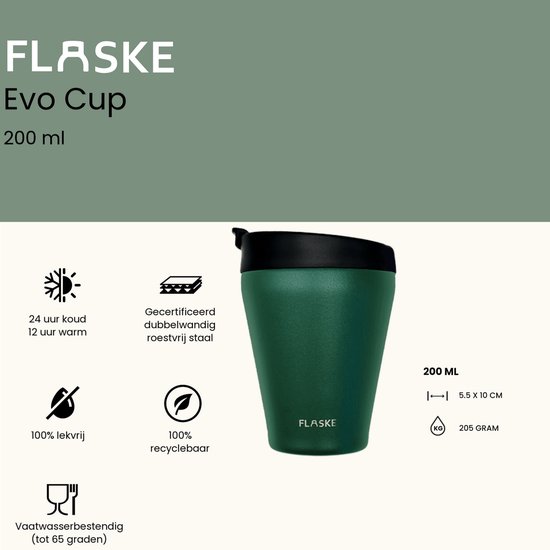 Groene FLASKE Evo Cup 200ml van roestvrij staal, 100% lekvrij en recyclebaar.