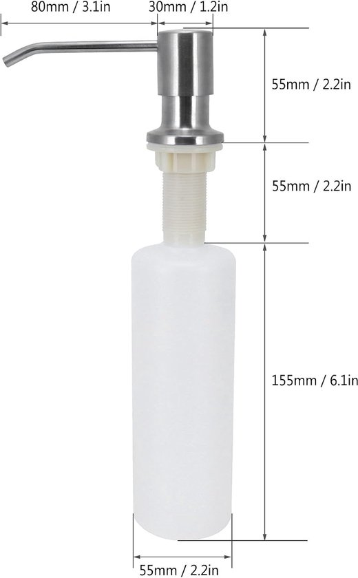 Afmetingen van een roestvrijstalen zeepdispenser met witte fles.
