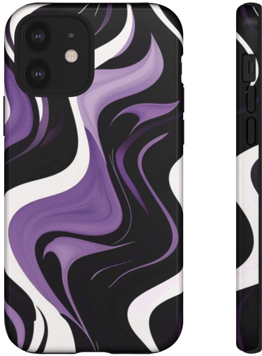 Zwart-Wit-Paarse Golvende Abstracte Print – Telefoonhoesje Geschikt voor iPhone 12
