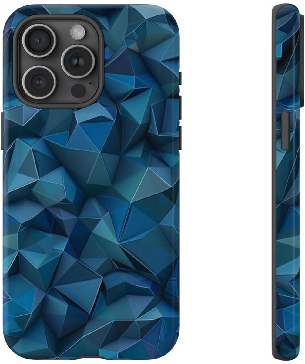 Diepblauw Geometrisch Polygonenpatroon – Telefoonhoesje Geschikt voor iPhone 15 Pro Max