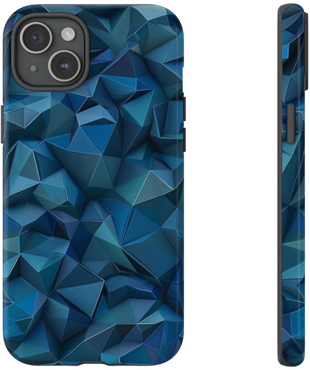 Diepblauw Geometrisch Polygonenpatroon – Telefoonhoesje Geschikt voor iPhone 15 Plus