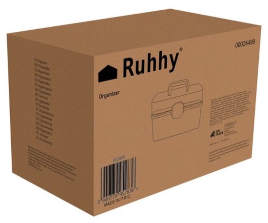 Bruine kartonnen doos van Ruhhy met een schematische tekening van de medicijnkist en barcode.