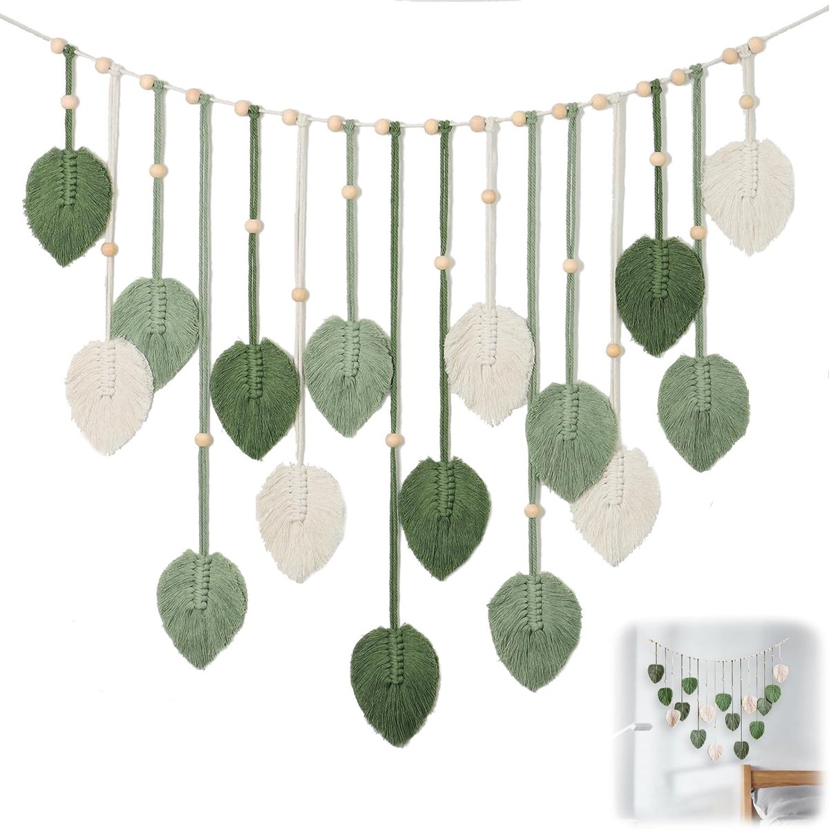 Ibenzoa Bohemian Stijl Wandtapijt met Houten Kralen en Bladeren voor Interieurdecoratie groen