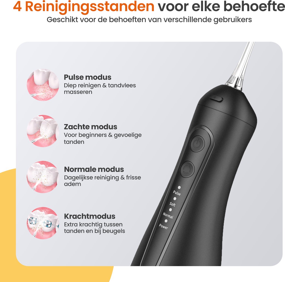 Goliving Waterflosser - 5 Opzetstukken - 4 Standen - Incl. Reistasje - Monddouche 300 ml - Elektrisch Flosapparaat - Draadloos & USB Oplaadbaar - Zwart thumbnail 4