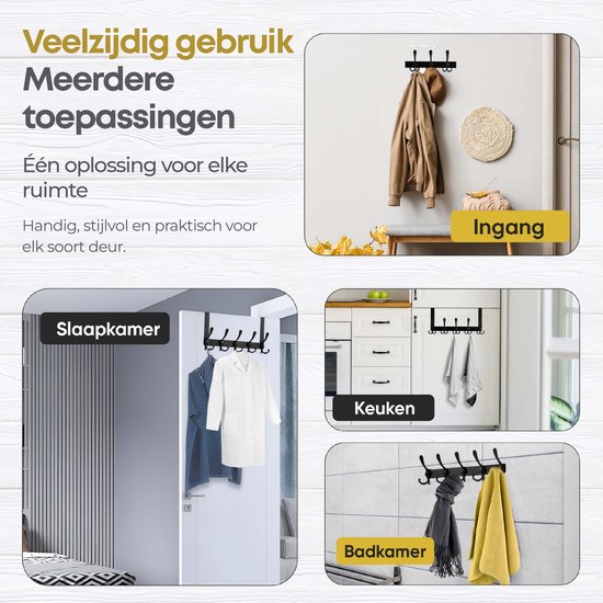 Bene Vivere® Deurkapstok – Zwarte Metalen Ophanghaak zonder Boren – Ruimtebesparend — afbeelding 4
