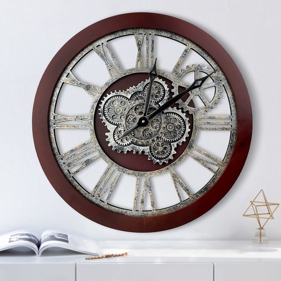 Industriële Vintage Retro Wandklok van Hout met Getallen - Zilver 60 CM
