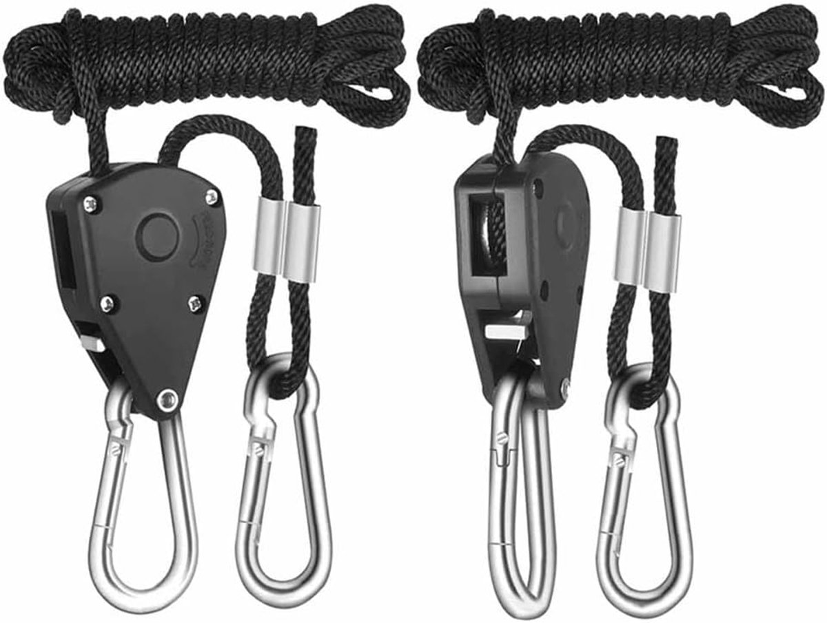Set of 2 Ratchet Hangers, Adjustable Ratchet Hanging Rope, 1/8 inch, Robust Pulley Clip for Grow Light Hangers and Tent Hangers, Load Capacity 68 kg