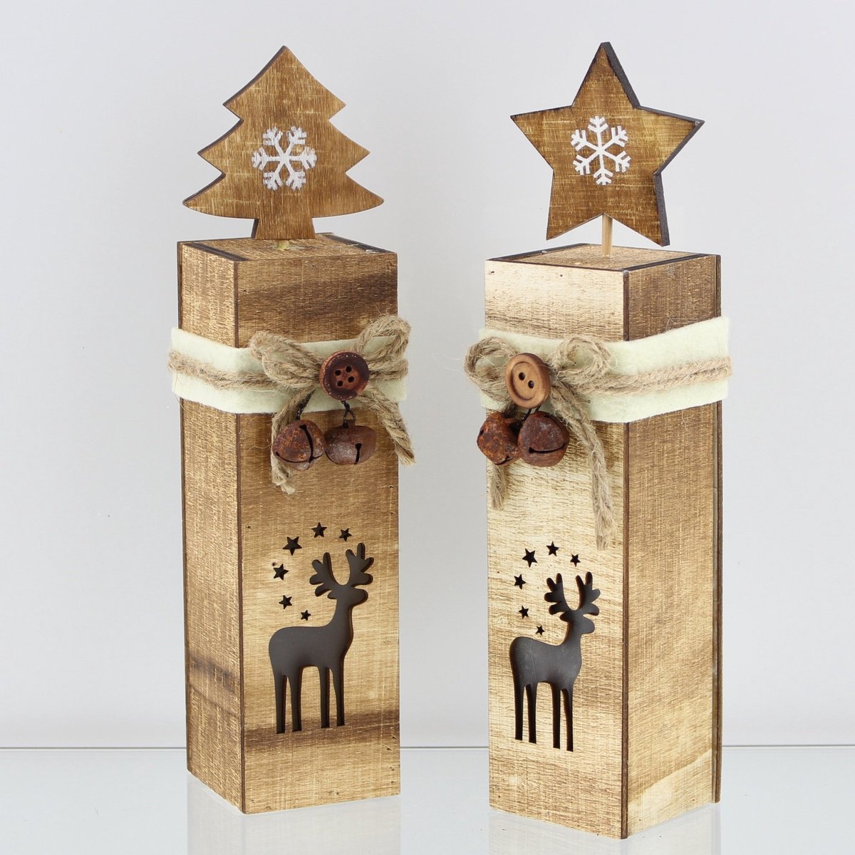 Ibenzoa® Set van 2 Kerst LED Zuilen met Rendiermotief en Sisalstrik Decoratie