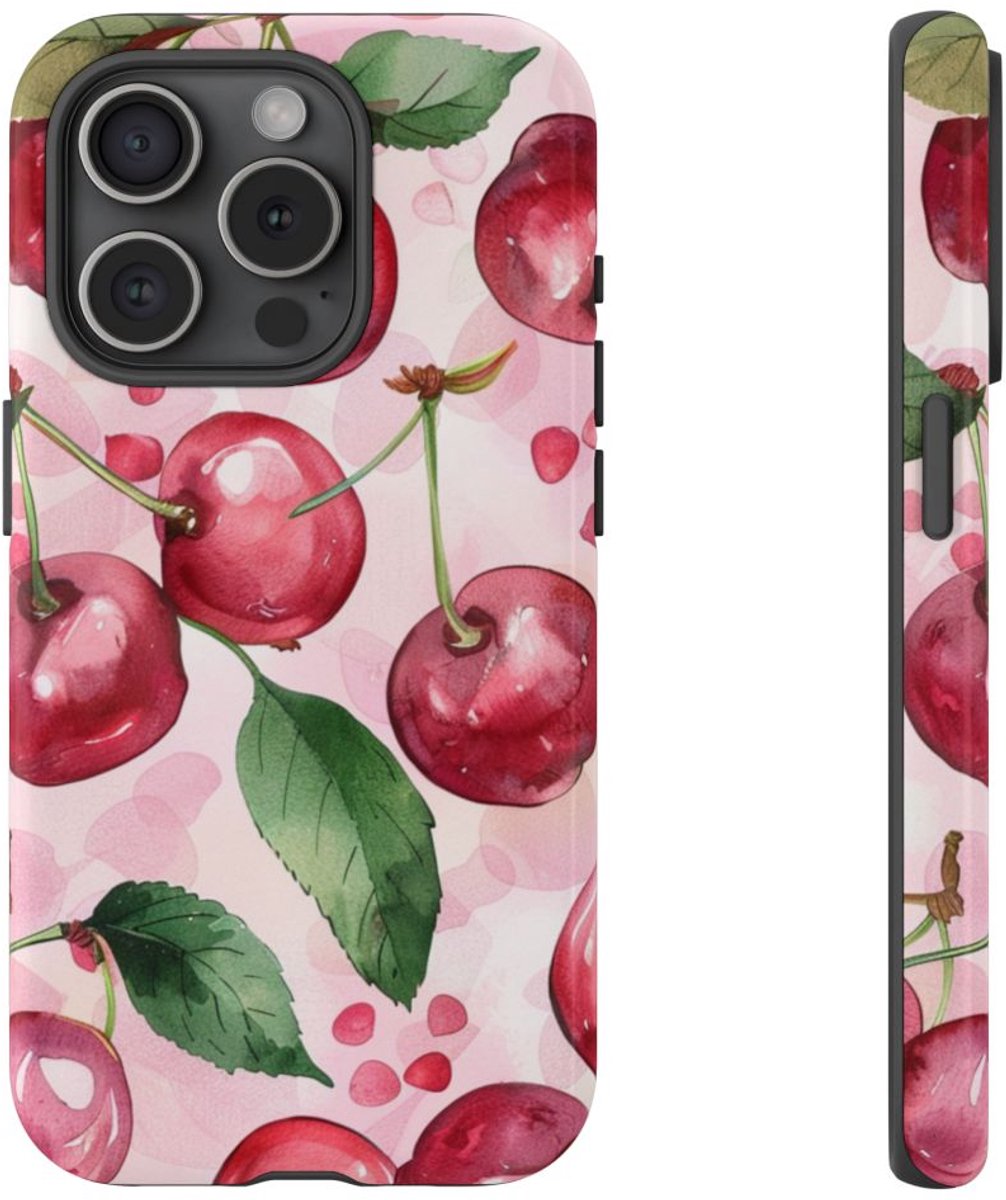 Aquarel Kersenpatroon – Glanzend Stevig Telefoonhoesje Geschikt voor iPhone 15 Pro