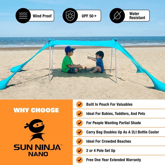 SUN NINJA mini strandtent uv bescherming - 120 x 80cm luifel - Zonnescherm met schep - Strand tent met UPF50+ bescherming - Zonbescherming - Turquoise — afbeelding 5
