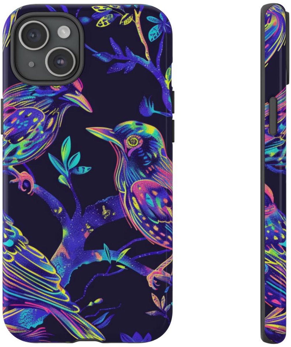 Neonkleurige Vogels op Takken – Telefoonhoesje Geschikt voor iPhone 15 Plus
