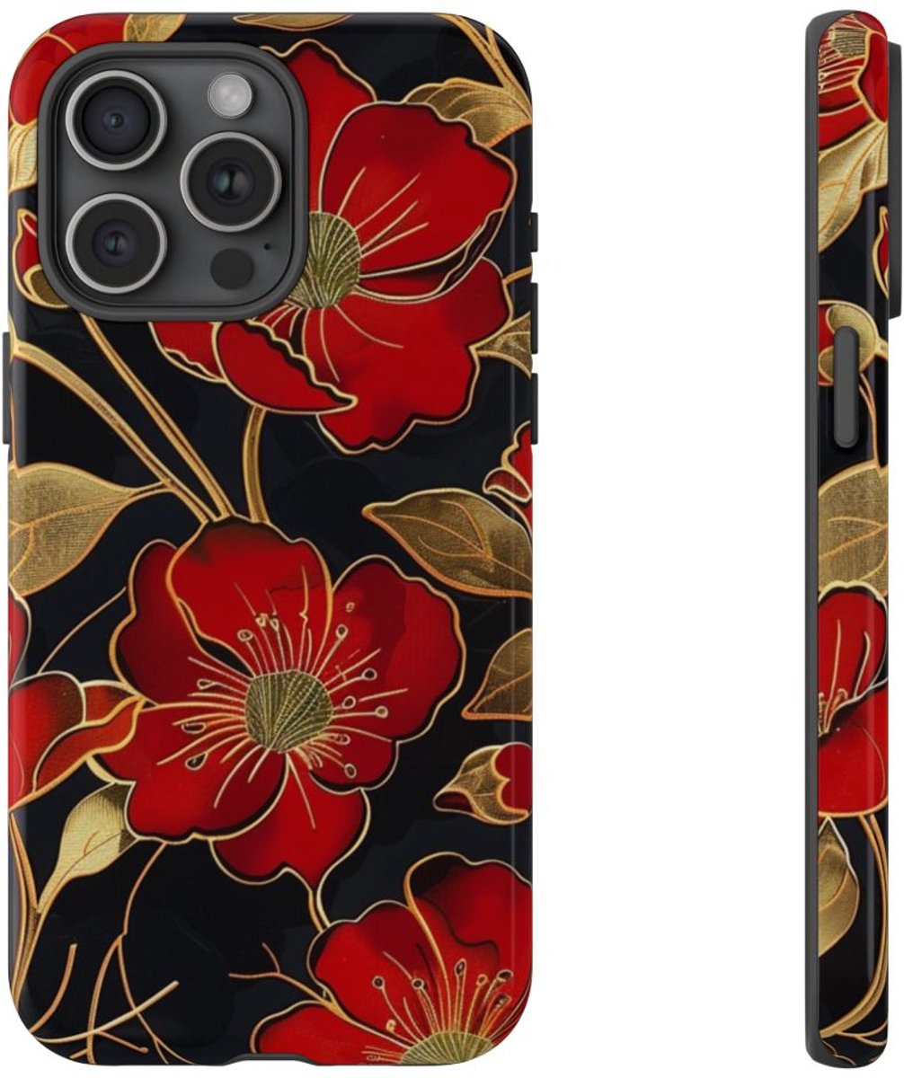 Rood-Gouden Bloemenpatroon – Telefoonhoesje Geschikt voor iPhone 15 Pro Max