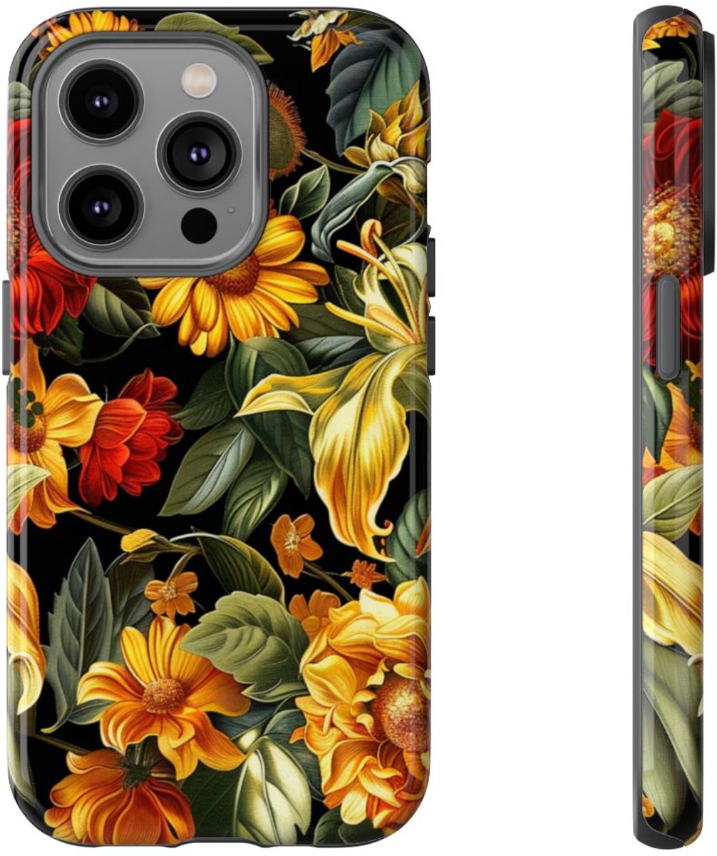 Vrolijk Gele en Rode Bloemenprint – Telefoonhoesje Geschikt voor iPhone 14 Pro
