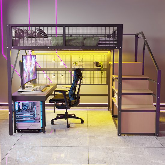 Pugsdrly Lit en fer 140*200 cm Lit mezzanine Convient aux enfants et aux adolescents Structure en métal Design polyvalent Avec échelle de rangement Avec armoire ouverte Bandes lumineuses LED contrôlées par application Zwart
