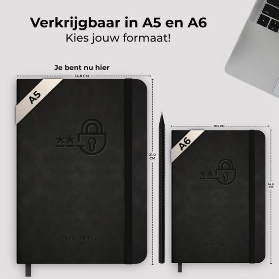 Zwart A5 en A6 notitieboek met slot-icoon, naast elkaar met afmetingen en tekst "Verkrijgbaar in A5 en A6".