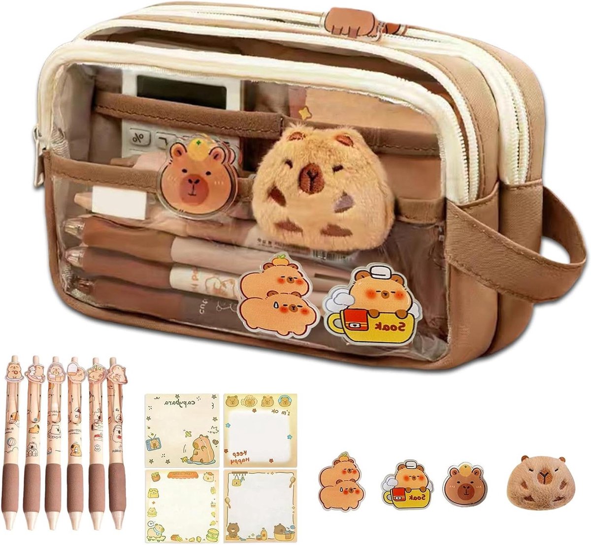 Kawaii Capybara Pennenzak met 6 Pennen, Knuffel en Spullen - Grote Opening - Schattige Capybara Etui met 5 Lagen - Esthetisch - Set met Capybara Pennen