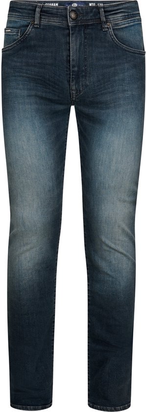 Donkerblauwe slim fit jeans met vintage wassing, voorkant.