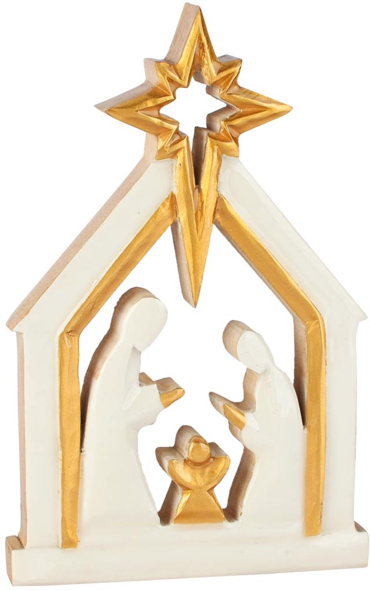 dekoratief Kerststal m/ster, wit/goud, hout, 15x3x23cm | A258404