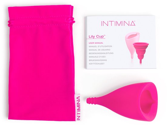Lily Cup™ rose vif, pochette de rangement et manuel.