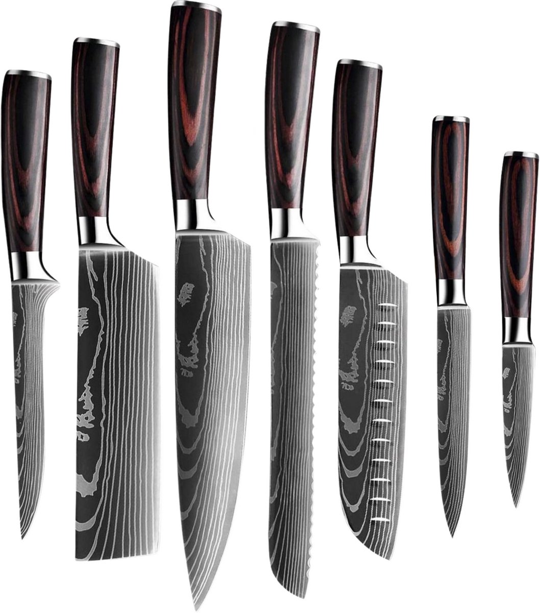 Dastium Home - 7 Delige Damascus Messenset - Damascus Stijl Japanse Keukenmessen - Messen Met Damascus Print - Met Ergonomisch Pakkahouten Handvat - Koksmes - Santoku Mes - Broodmes - Nakiri Mes - Uitbeenmes- Universeel Mes- Schilmes
