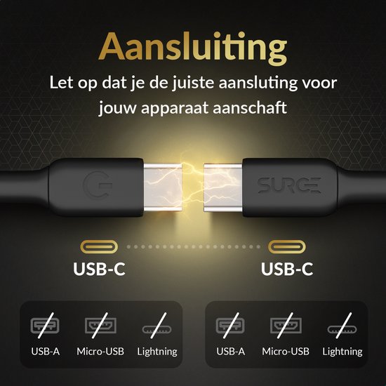 Twee zwarte USB-C kabels met een lichtgevende verbinding ertussen. Onder aan de afbeelding staan de aansluitingen USB-A, Micro-USB en Lightning.