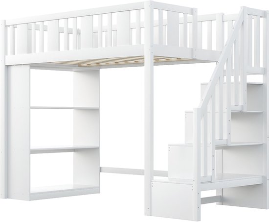Multifunctioneel Mezzaninebed In Hout En MDF - 90x200 Cm - Met Opbergtrap, Bureau En Kledingkast Wit Zonder Matras Multifunctioneel Mezzaninebed In Hout En MDF - 90x200 Cm - Met Opbergtrap, Bureau En Kledingkast Wit Zonder Matras