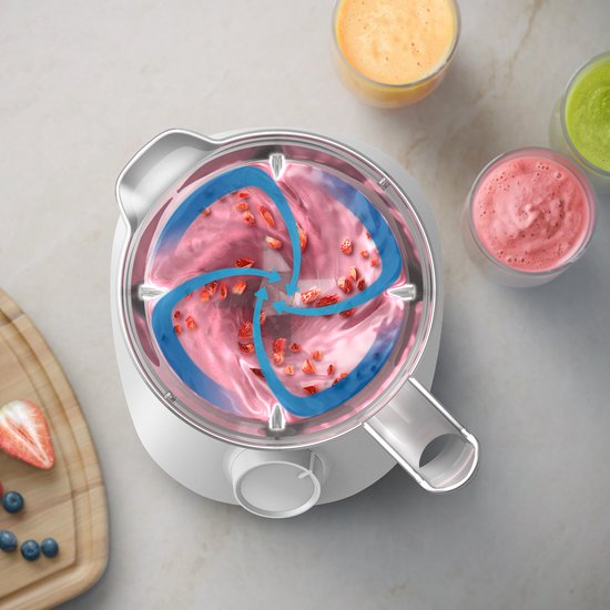 Witte blenderkan met roze smoothie en blauwe schenktuit, met illustratie van de draaikolk.