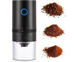 Draagbare elektrische koffiemolen maakt 4 kopjes espresso. Maalt grof, medium fijn en extra fijn koffiepoeder. Oplaadbaar via USB. Zwart.